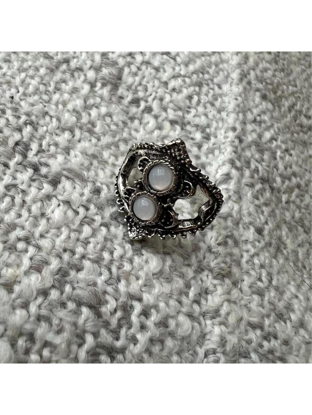 Vintage Silver-Tone Gothic Filigree Double Moonstone Cocktail Ring